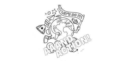 Logo der Auszeichnung „Aaand Action Wettbewerb“ – stilisierte Weltkugel mit Schriftzug.